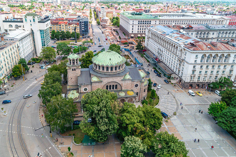 Wide aerial drone shot of Sveta Nedelya Church in Sofia city, Bulgaria - (Bulgarian : Църква Света Неделя, София, България)